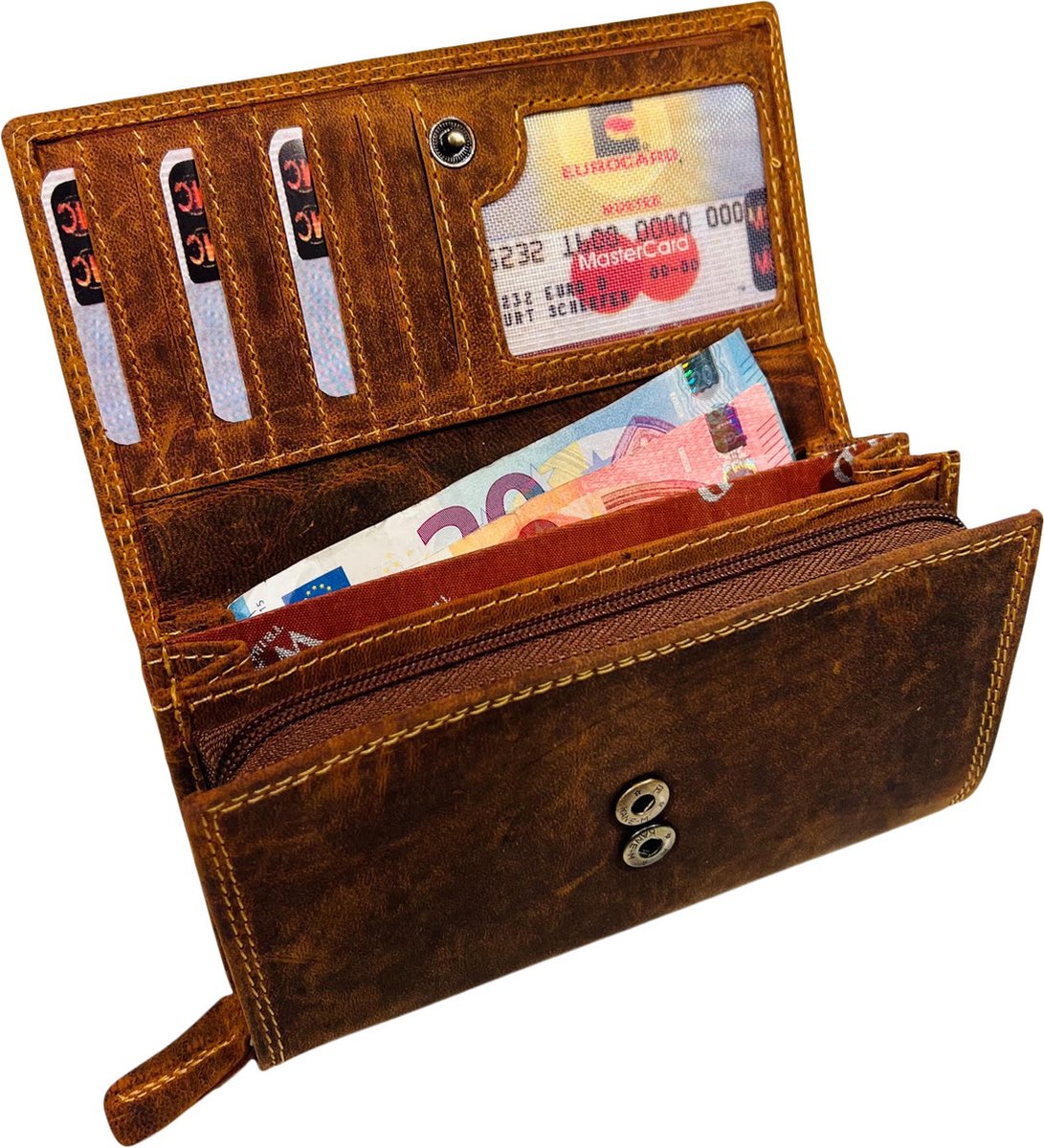 WILD REAL - Portemonnee Dames - Overslagportemonnee - Buffel Leder  - 17 x 10 x 3 cm - Inhoud 17 pasjes - Anti-Skim