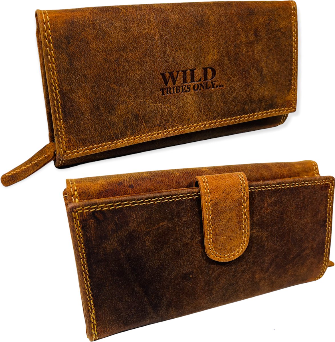 WILD REAL - Portemonnee Dames - Overslagportemonnee - Buffel Leder  - 17 x 10 x 3 cm - Inhoud 17 pasjes - Anti-Skim