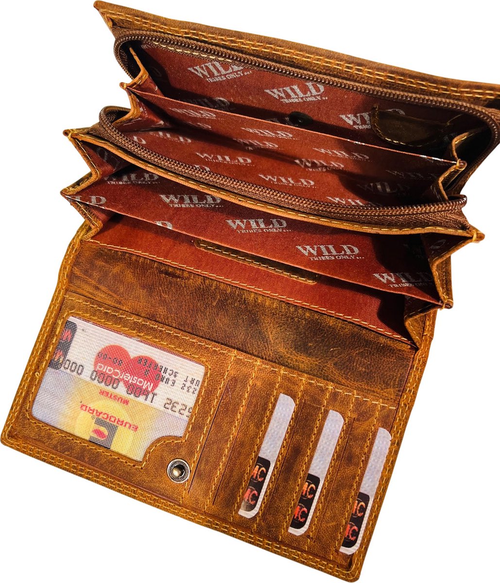 WILD REAL - Portemonnee Dames - Overslagportemonnee - Buffel Leder  - 17 x 10 x 3 cm - Inhoud 17 pasjes - Anti-Skim